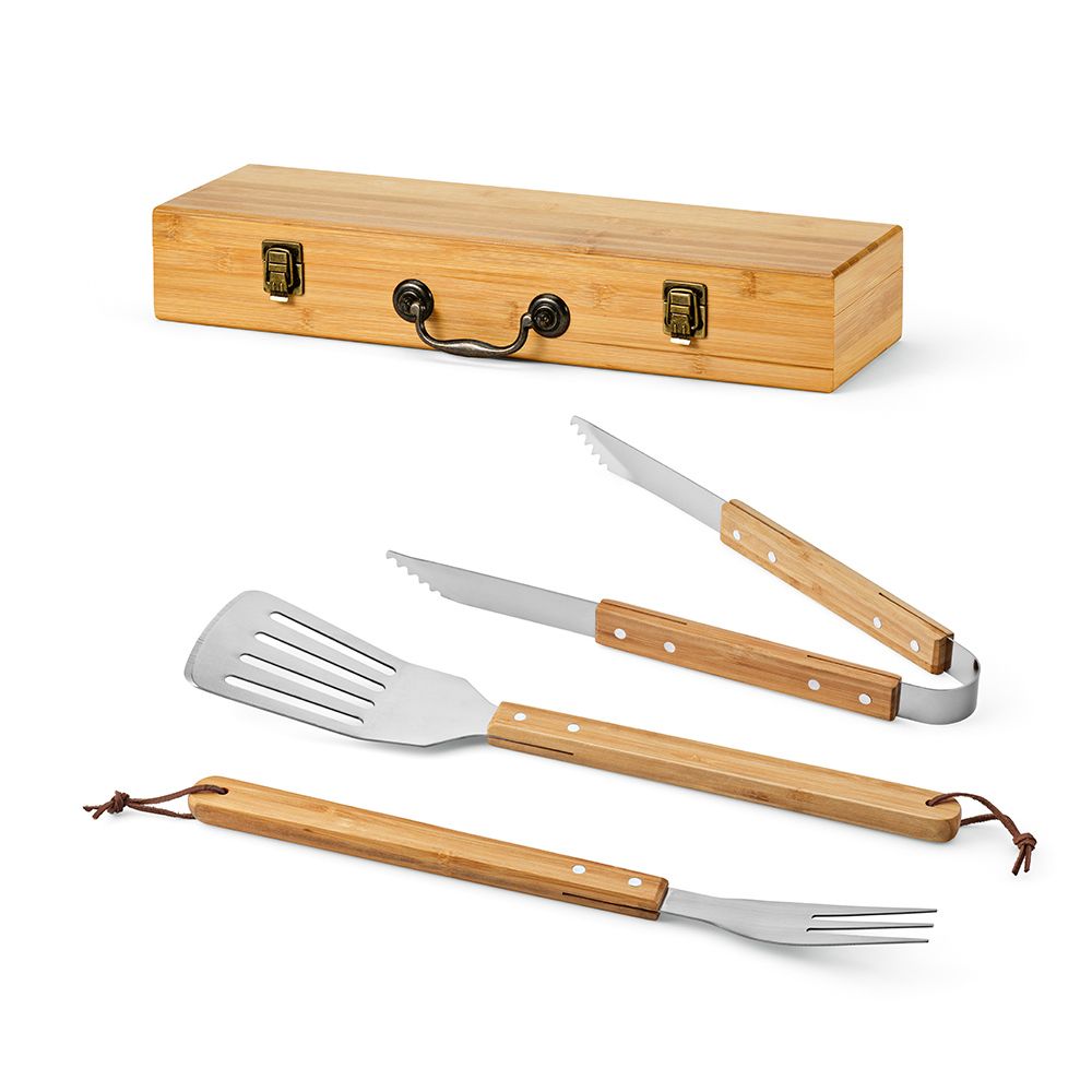 Picture of Turner Barbecue Set Bamboo. With Case, Tong, Fork & Spatula